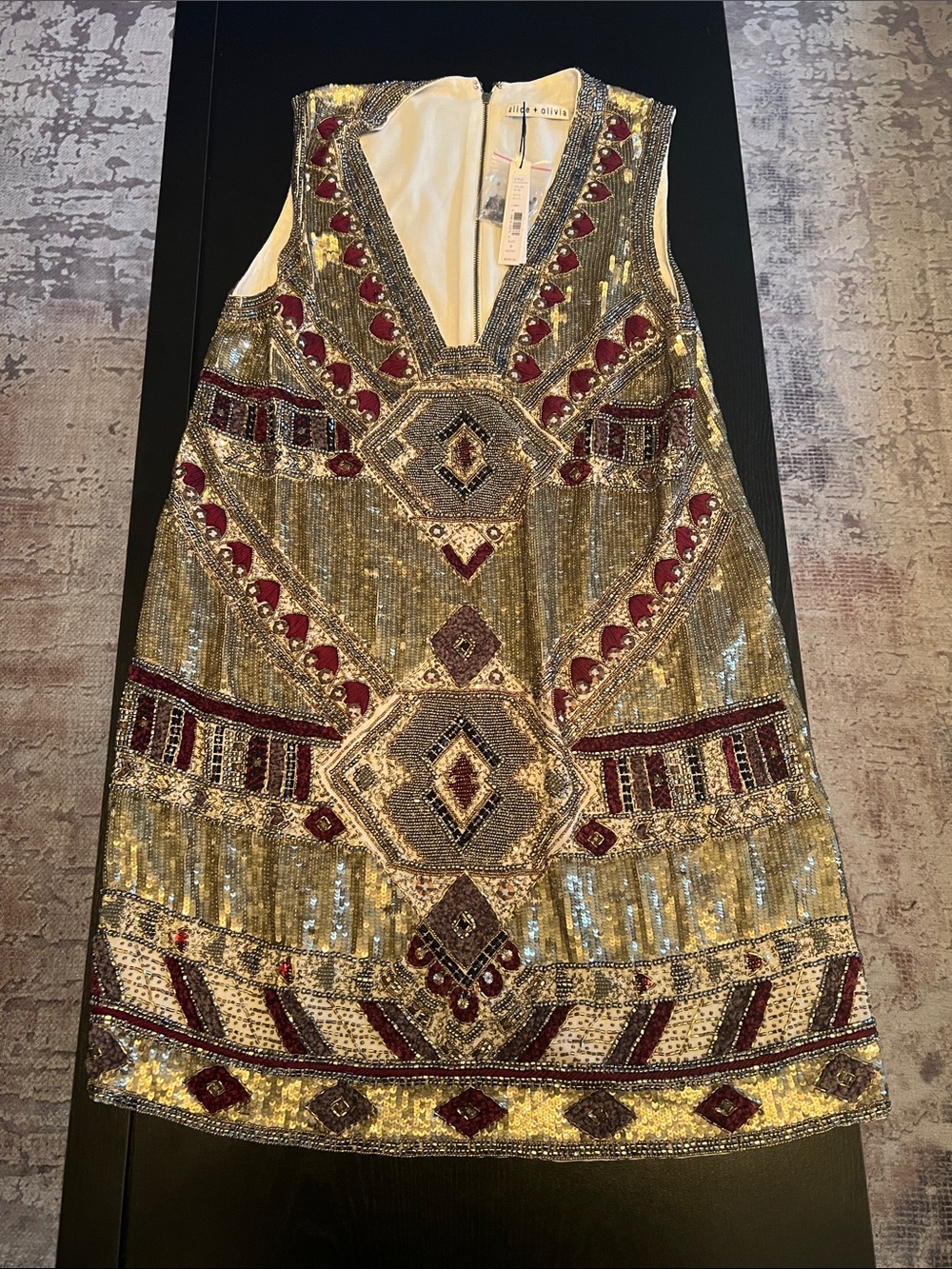 Alice + Olivia Gold and Burgundy Sequin Mini Dress